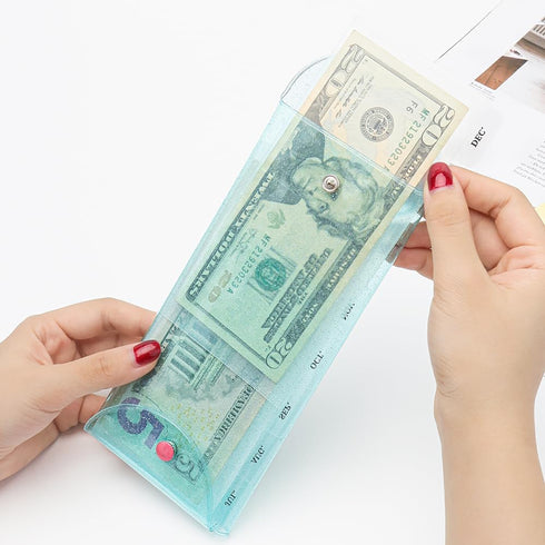 Cash Envelope Wallet with 6pcs Divider and 2pcs Tab Stickers - Reusable Budget Envelopes, Blue Glitter PVC Organizer