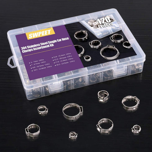 Swpeet 120Pcs 304 Stainless Steel Single Ear Hose Clamps, 8 Sizes Crimp Hose Clamp Assortment Kit for Automotive