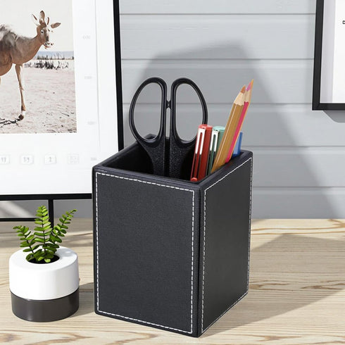 KINGFOM PU Leather Square Pens Pencils Holder - Desktop Organizer Case (Black)
