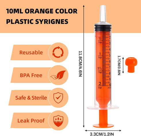 40 Pcs 10ml Syringes with Caps for Industry Lab Pet Feeding, Orange