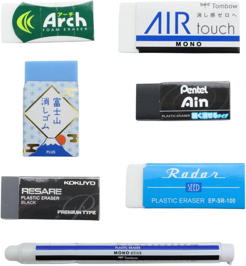 Japanese Eraser Sampler, Light Force, Less Dust, 7-Piece Assorted for Office & School