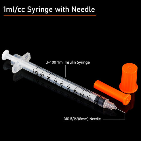 1ml Syringe with Needle, 31G 5/16 Inch, Individually Wrapped, Pack of 100
