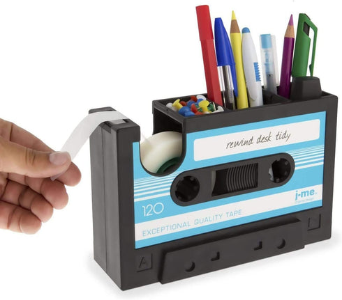 Cassette Tape Dispenser Pen Holder, Blue Stationery Desk Tidy Container Gift
