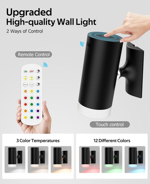 12RGB 3CCT Dimmable Afyuol LED Wall Sconce, Wireless Battery Operated Wall Sconce with Rechargeable Battery Operated