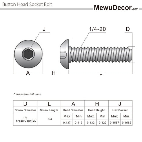1/4-20 x 3/4" Button Head Socket Cap Screws, Allen Socket Drive, Black Oxide, Alloy Steel, 25 PCS