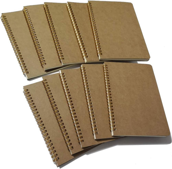 Softcover Spiral Notebook, Kraft Cover, 50 Sheets (100 Pages) Blank, 10 Notebooks Per Pack, A5, Brown