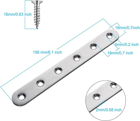 4 Pieces Stainless Steel Straight Brace (6.1 x 0.7 inch) with 24 Screws Included, Flat Straight Brackets