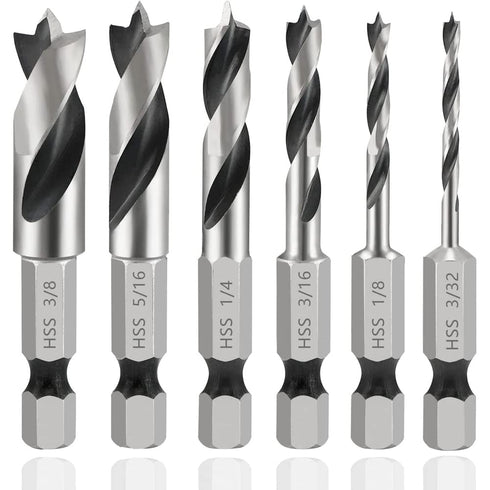 Mesee 6Pcs Brad Point Stubby Drill Bits Set, HSS 4241 Steel, 1/4" Quick Change Hex Shank for Woodworking