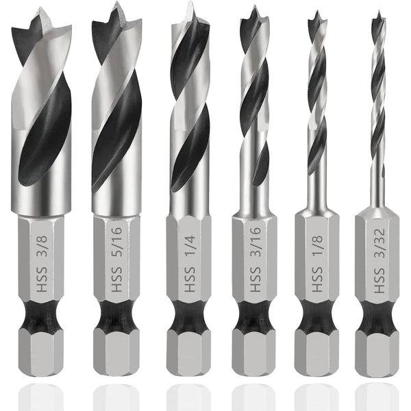 Mesee 6Pcs Brad Point Stubby Drill Bits Set, HSS 4241 Steel, 1/4" Quick Change Hex Shank for Woodworking