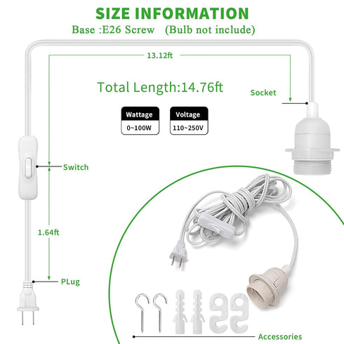 14.8ft Extension Hanging Lantern Cord Cable - White Pendant Lighting with Plug-in Cord and On/Off Switch,DIY with Lamp