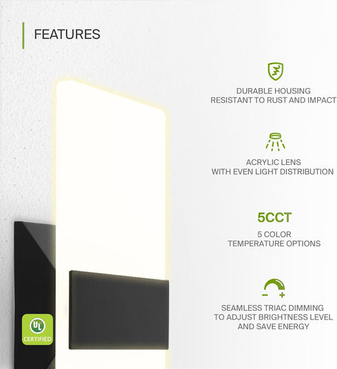 12 Inch 12W 2700K-5000K Dimmable ASD Indoor LED Wall Sconce - Black Wall Sconce Lights for Living Room, Bedroom