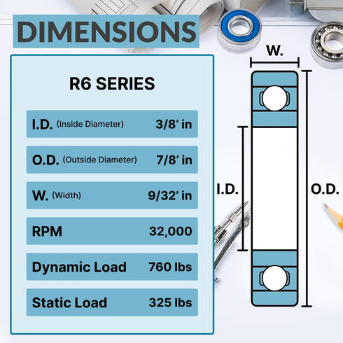 PGN (10 Pack) R6-2RS Bearing - Lubricated Chrome Steel Sealed Ball Bearing - 3/8" x 7/8" x 9/32 with Rubber Seal & High
