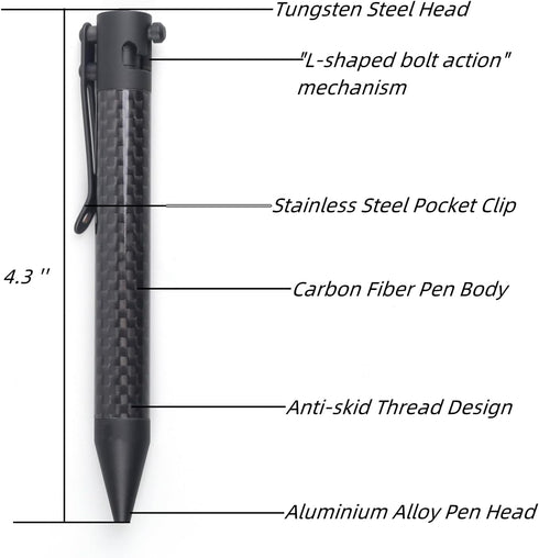Bolt Action Carbon Fibre Ballpoint Pen with Pocket Clip, Classic Black for Travel, School, Work, and Birthday Gifts