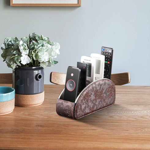 Arniche 5 Leather Remote Control Holder,Universal TV Remote Organizer with Compartments,Desktop or Bedside Table