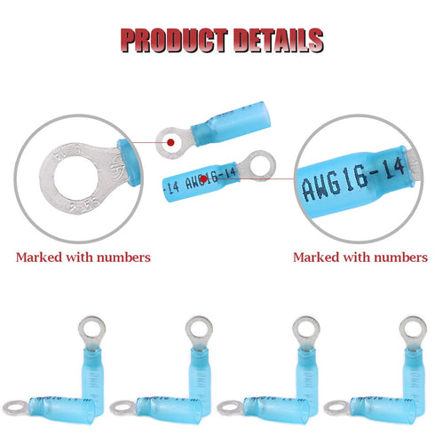 Hilitchi 50Pcs Insulated Nylon Heat Shrink Ring Terminals Electrical Wire Crimp Connector (10, 16-14AWG)