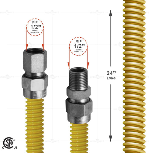 Gas Connector 24 inch Yellow Coated Stainless Steel, 5/8" OD Flexible Hose for Gas Range, Stove