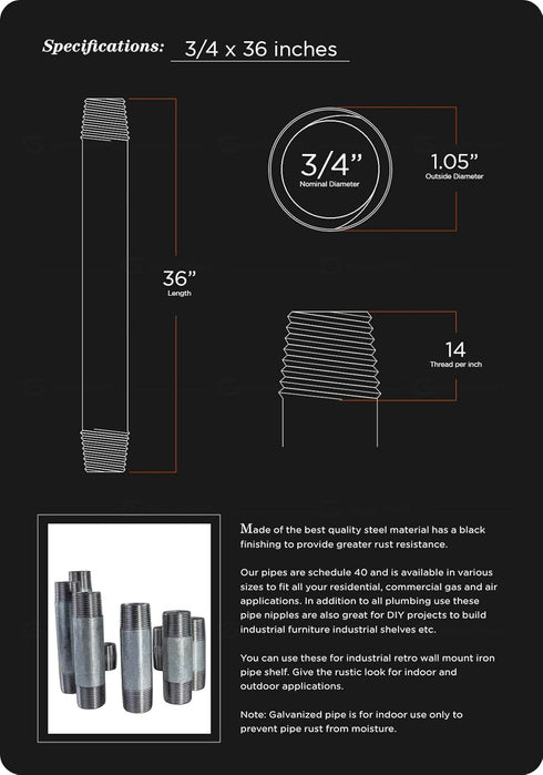 QDHM3436 36" Long Pre-Cut Galvanized Pipe, 3/4" Nominal Size Diameter