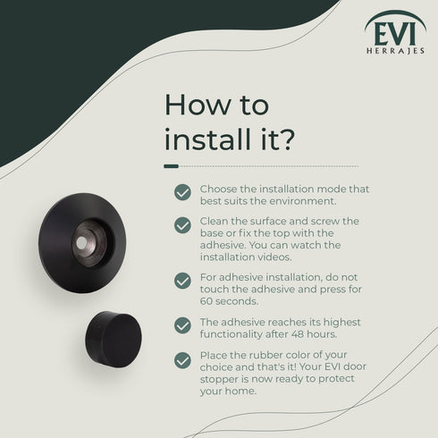 EVI Herrajes Doorstop for Wall Placement, 45 x 17 mm Stainless Steel Black Lacquered with Rubber Included, Adhesive or