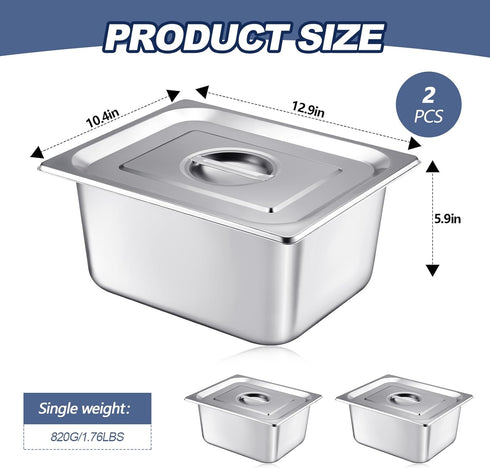 Mifoci 2 Pack Stainless Steel Steam Hotel Pan with Lid, Reusable Anti Rust Steam Table Pan for Home and Restaurant