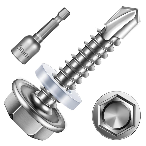 200pcs #10×1" Self Tapping Screws for Metal, 410 Stainless Steel Sheet Metal Screws, Hex Washer Head Self Drilling