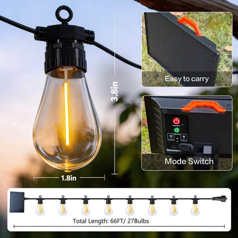 BYIZO 50FT 20 Bulbs IP65 Solar Outdoor String Lights, Waterproof Patio Lights with Solar & USB-C Dual Charging, Remote