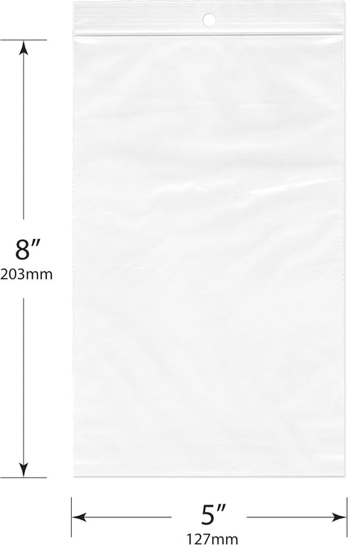 Plymor 5" x 8" Reclosable Plastic Bags (Pack of 200), 2 Mil with Hang-Hole Zipper