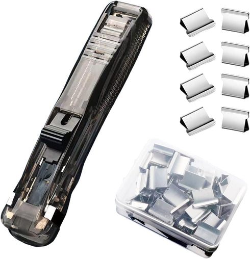 Push Stapler, Binder Clips Paper Clamps Desktop Stapler with 50pcs Reusable Stainless Steel Refill Clips