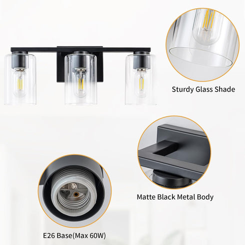 3 E26 WILON Vanity Light Bathroom, Light Black Modern Vanity Lights with Clear Glass Wall Sconces with Clear Glass