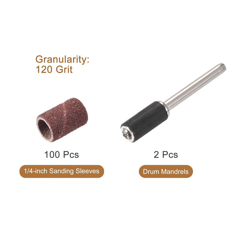 uxcell 100 Pcs 1/4 Inch Sanding Sleeves Sandpaper Set 120 Grit with 2 Pcs 1/8 Inch Drum Mandrels for Rotary Tools