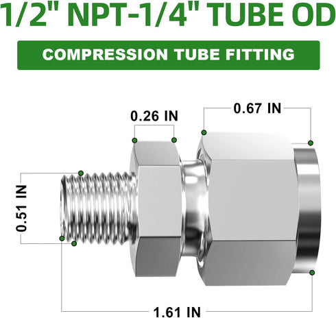 TAISHER 2PCS 304 Stainless Steel Compression Tube Pipe Fitting Connector, 1/2" Tube OD x 1/4" NPT Male