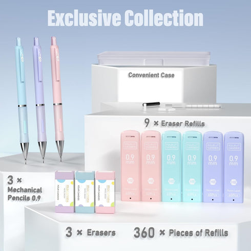 Four Candies Pastel Mechanical Pencil Set - 3PCS 0.9mm Pencils with 360PCS HB Lead Refills