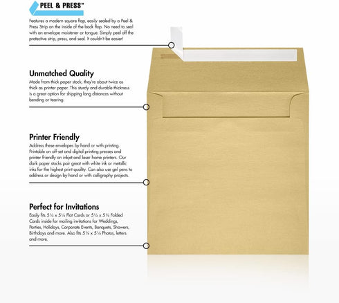 LUXPaper Square Invitation Envelopes - Peel & Press - 5 1/2" x 5 1/2" - Blonde Metallic - 50 Qty