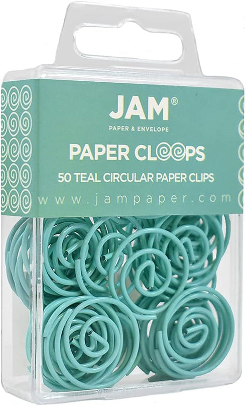 JAM PAPER Circular Paper Clips, Round Paperclips, Teal, 50/Pack
