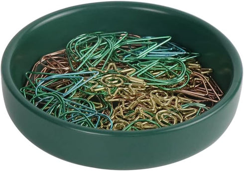 Small Ceramic Paperclip Holder for Desk, Round Push Pin Organizer, Macaron Dark Green Storage Plate