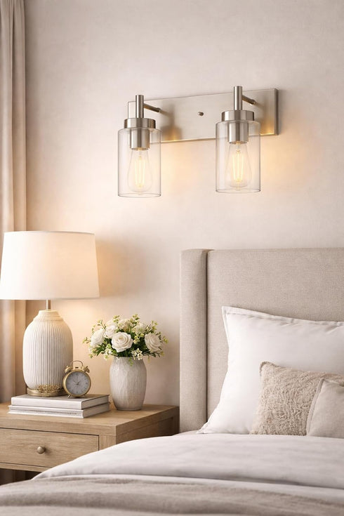 Generic 2-Lights Farmhouse Wall Sconces Brushed Nickel Bathroom Vanity Light Fixtures,Classic Wall Lights with Clear