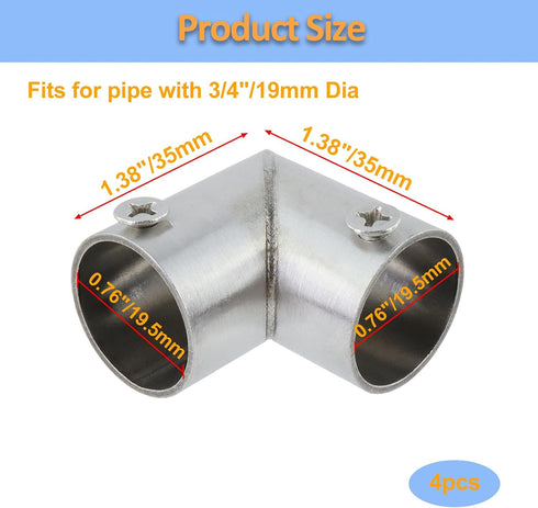 3/4-inch 2-Way Handrail-4pcs L Corner Pipe Fitting Connector Fit OD Pipe Stainless Steel Rail Pipe Fittings for DIY