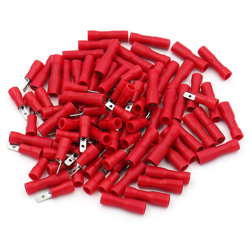 Baomain 0.11" Female & Male Spade Connectors, 22-16 AWG, Fully Insulated Crimp Terminals, Red (200-Pack)