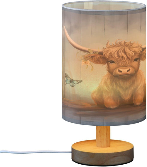 panksolu Highland Cow Baby Bedside Table Lamp with USB Port Nightstand Lamps Night Light Linen Fabric Shade Cylinder