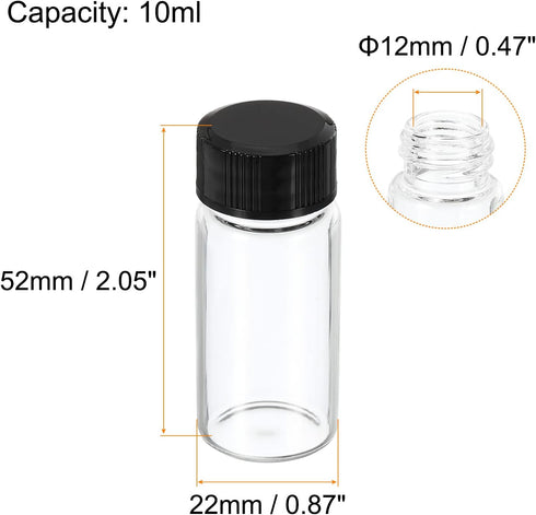 PATIKIL 10 Pack 10mL Clear Round Glass Storage Bottles, Plastic Screw Cap for Lab Home
