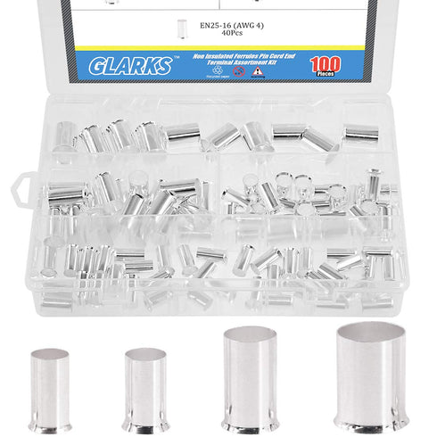 Glarks 100Pcs Copper Crimp Connector Ferrules Pin Cord End Terminal Assortment Kit, AWG 4 2 1 2/0, Silver Plated Non