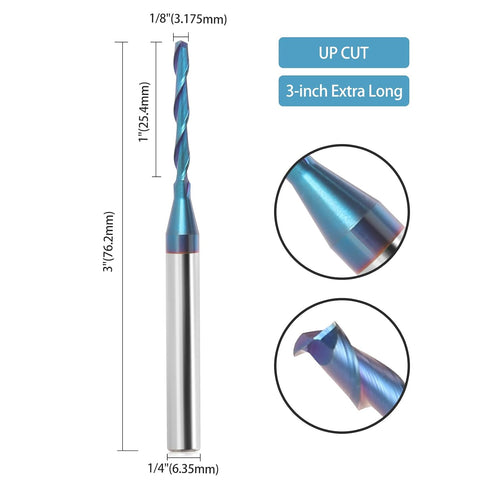 CNC Spiral Router Bits Up Cut with 1/4 inch Shank,1/8 inch Cutting Dia,Extra Long 3 Inch Length Solid Carbide Nano Blue Coated Spiral Upcut CNC Bits End Mill for Wood Cut Carving Engraver