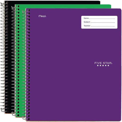 Five Star Interactive Notetaking Spiral Notebooks - 3 Pack, 1 Subject, College Ruled, 11" x 8-1/2", 100 Sheets, Black,