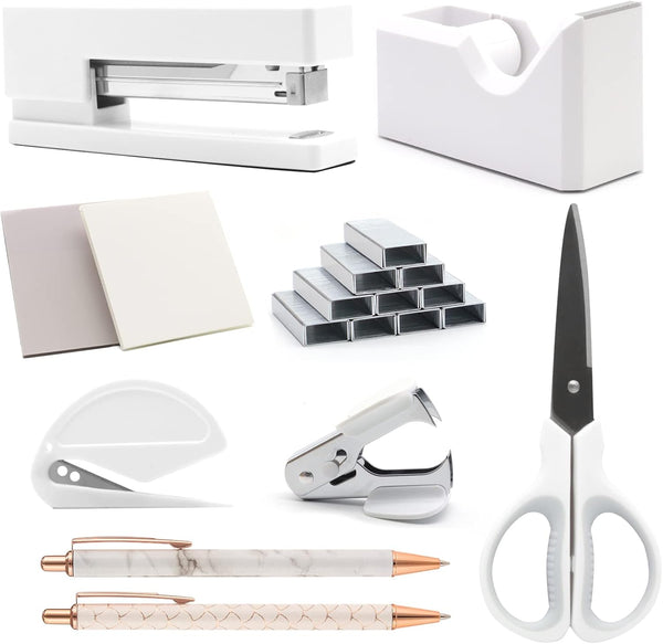 Shellvcase White Office Supplies Set - Stapler, Tape Dispenser, Staple Remover, Staples, Clips, Scissors, and Pens for