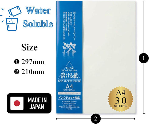 Water Soluble Paper Sheet A4 Size (30 Sheets) Inkjet & Laser Printable for Artwork, Craft, Print, Candle, Made in Japan (47364) by ONAO