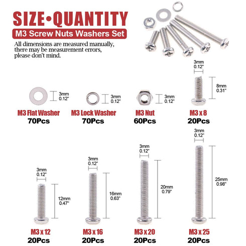 Hilitchi 300-Piece M3 Phillips Pan Head Screws Kit, 304 Stainless Steel, Bolt Nut Lock Flat Washers
