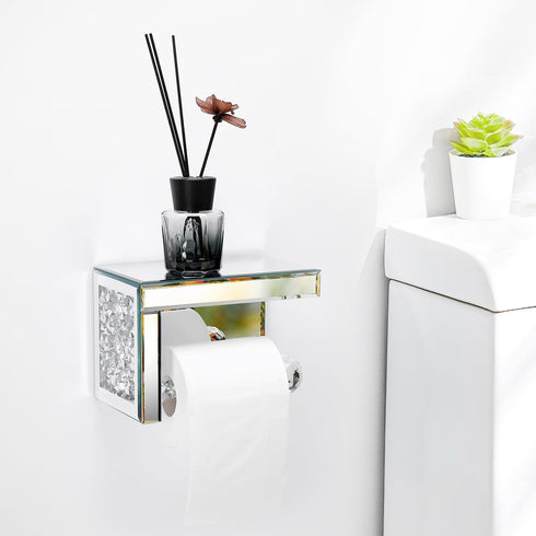 TACIDON Crystal Crush Diamond Toilet Paper Holder with Mirrored Shelf. Silver Modern Toilet Paper Holder Wall Mounted