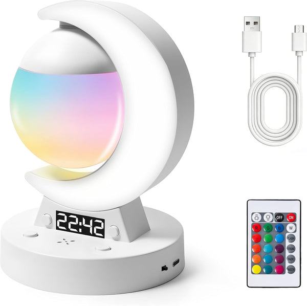 Lexvoltrix RGB Moon Table Lamp with Clock Display, Bluetooth Speaker, Dimmable LED Night
