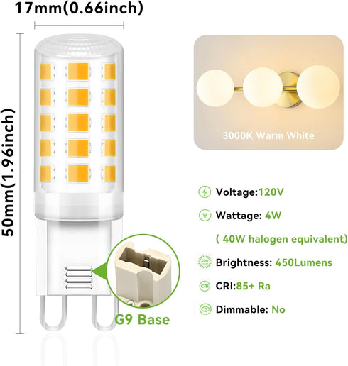 6 Pack G9 Bulb 4W 40 G9 Bulb, 3000K T4 9 120V, 450 Non-dimmable TJOY LED Equivalent Watt, Replacement Halogen Light
