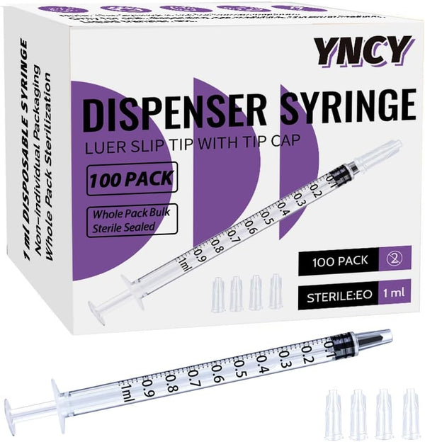 1ml Syringe with Cap, Luer Slip Tip, Bulk Sterile Sealed Pack of 100 pcs, No Needle