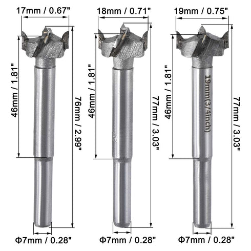 uxcell Forstner Wood Boring Drill Bits 17mm 18mm 19mm Dia. Hole Saw Carbide Alloy Steel Tip Round Shank Cutting for Hinge Plywood Wood Tool 3in1 Set